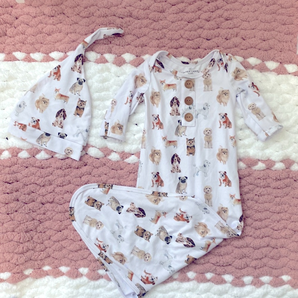 Caden Lane Puppy Love Knotted Gown + Hat